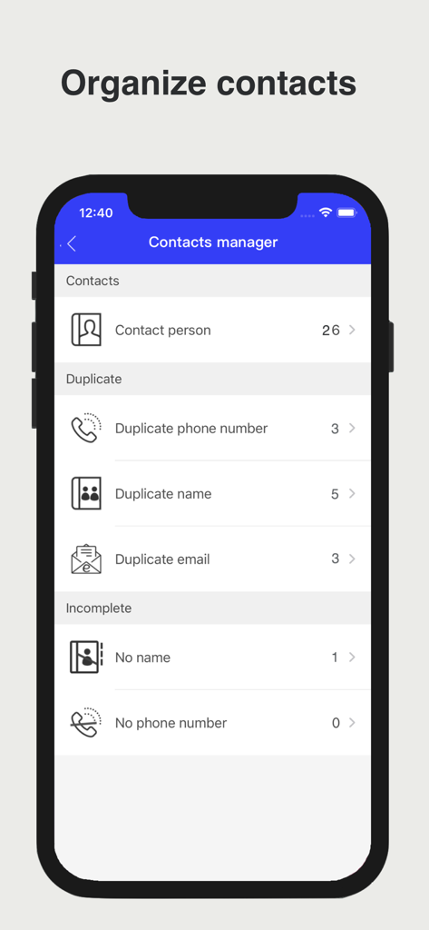 Super Cleaner App-Oberfläche zeigt Kontaktorganisationstools für doppelte Namen, Telefonnummern und E-Mail-Adressen