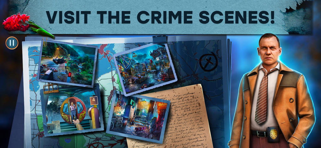 Unsolved Case: Hyacinth F2P - Un detective de pie junto a un tablero de investigación con fotos de escenas del crimen