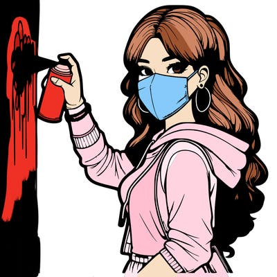 realistic girl with mask spray painting a wall