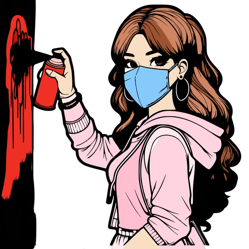 realistic girl with mask spray painting a wall