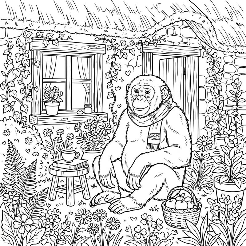 Discover a heartwarming scene with our Bonobo Cottagecore coloring page, blending peaceful primates with rustic charm. This delightful template invites you to relax and bring a serene, nature-inspired world to life with your colors.