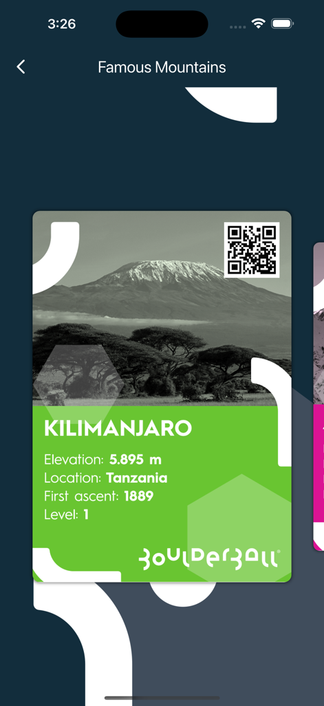 Écran de l'application Boulderball affichant une carte de défi de montagne du Kilimandjaro avec des détails sur l'altitude et l'emplacement.