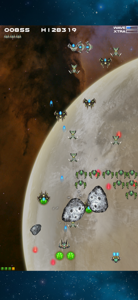 Captura de pantalla de jugabilidad de Barrel Defender que muestra una nave espacial disparando a oleadas de alienígenas sobre un fondo planetario