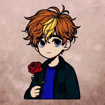 realistic boy with short messy hair holding a rose