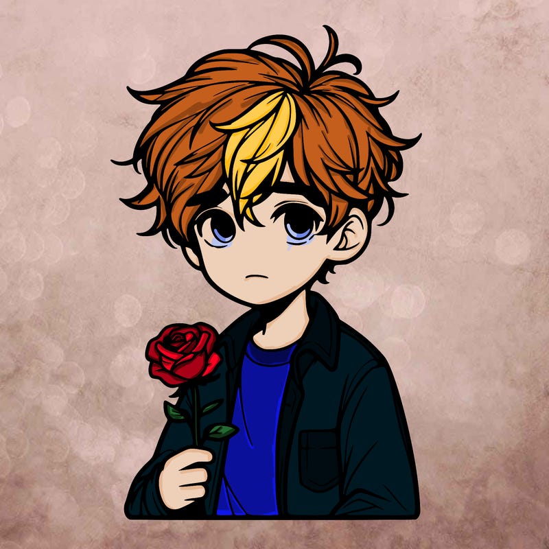 realistic boy with short messy hair holding a rose