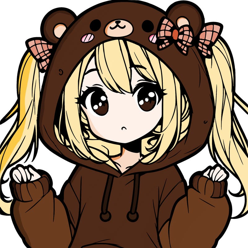 cute anime girl with ponytails and a cute bear hoodie