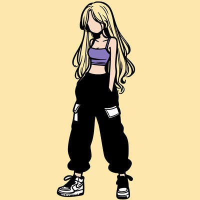 girl in baggy pants crop top and long hair