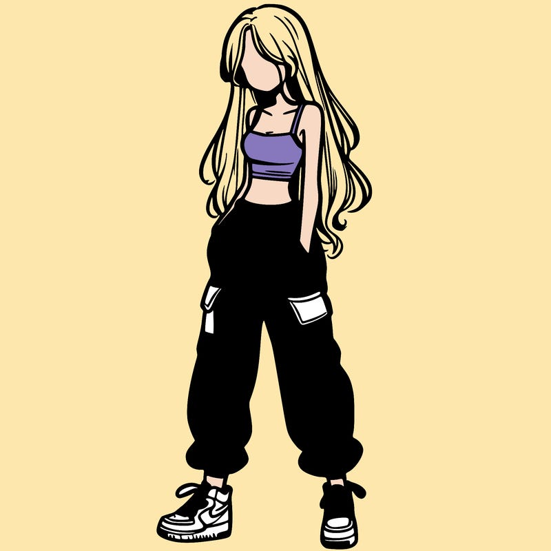 girl in baggy pants crop top and long hair