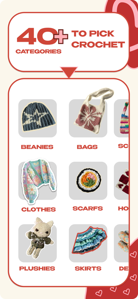 Yumak - Crochet & Knitting - Pantalla de la aplicación Yumak que muestra más de 40 categorías de ganchillo, incluyendo gorros, bolsos, ropa y peluches.