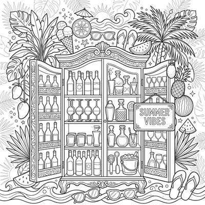Dive into summer relaxation with this intricate coloring page depicting a lavish wine and bar cabinet ready for warm-weather entertaining. Surrounded by delightful tropical motifs, it's the perfect escape for coloring enthusiasts.