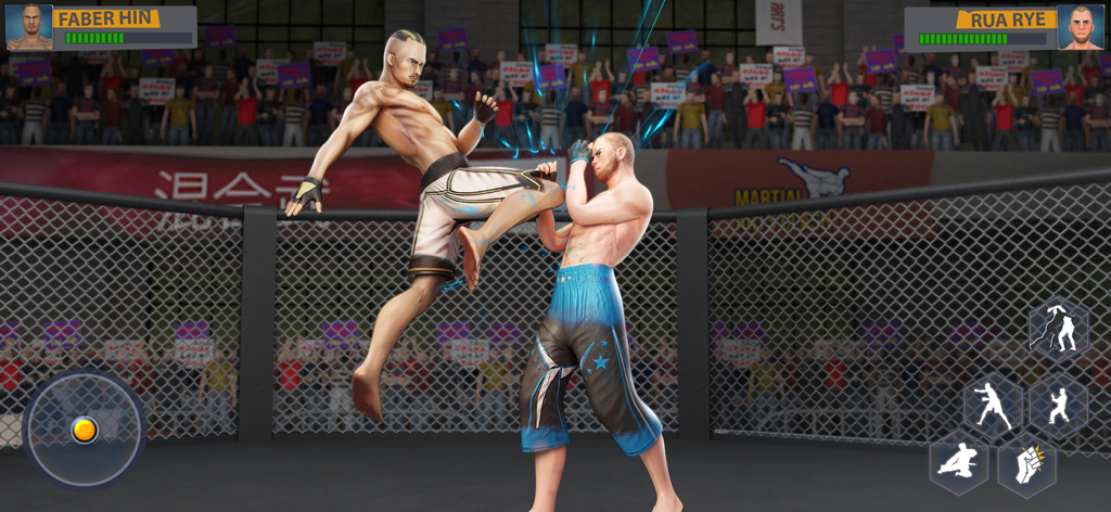 An action-packed gameplay scene showing a martial arts fighter landing a flying knee strike in an MMA cage