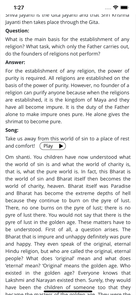 Reading screen of the Madhuban Murli app showing a daily spiritual discourse with question and answer sections