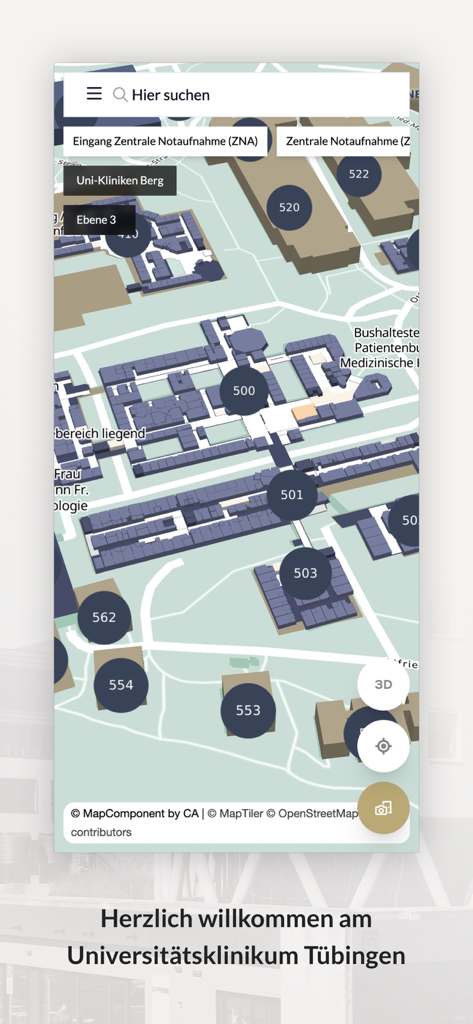 Navi@UKT - ユーロハイム大学病院（UKT）のキャンパスの詳細な地図と建物番号、ナビゲーションマーカーが表示されたNavi UKTアプリのインターフェース