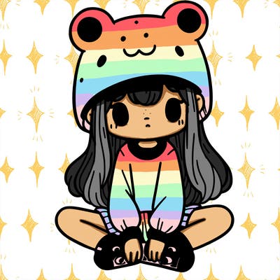 a girl wearing a frog hat and some frog socks