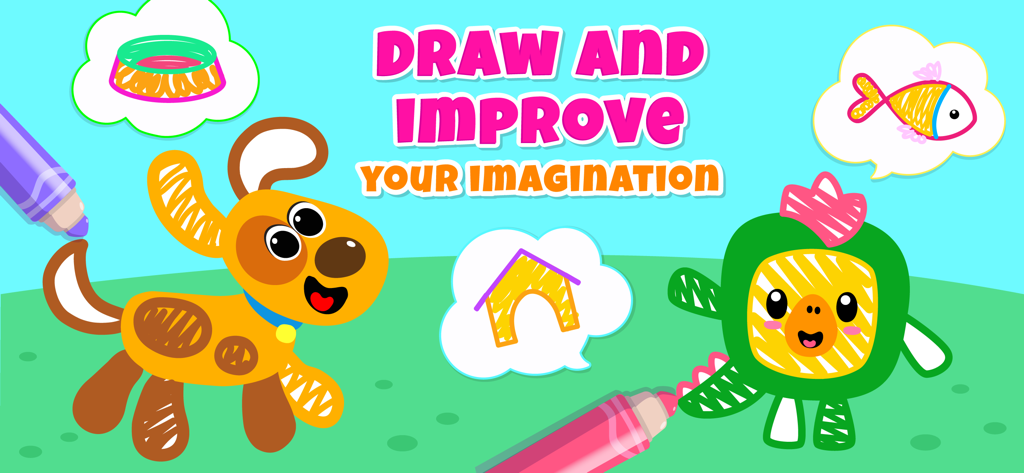 Drawing Pad Kids Toddler Games - Pantalla de dibujo creativo con personajes de dibujos animados y sugerencia de imaginación para niños pequeños