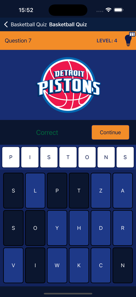 A screenshot of the Basketball Ultimate Quiz app showing a correctly identified Detroit Pistons logo