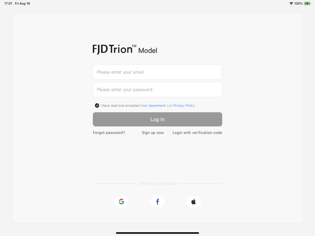 FJD Trion Model - FJD Trion Model app login screen with email and password input fields and social login options