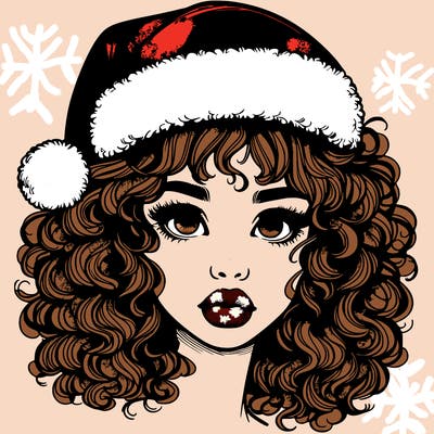 realistic girl with a santa hat curly hair and lips