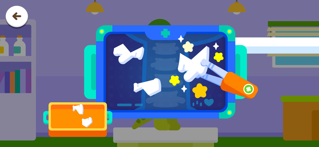 Cocobi World 1 - Kids hospital game screen showing a dinosaur x-ray puzzle