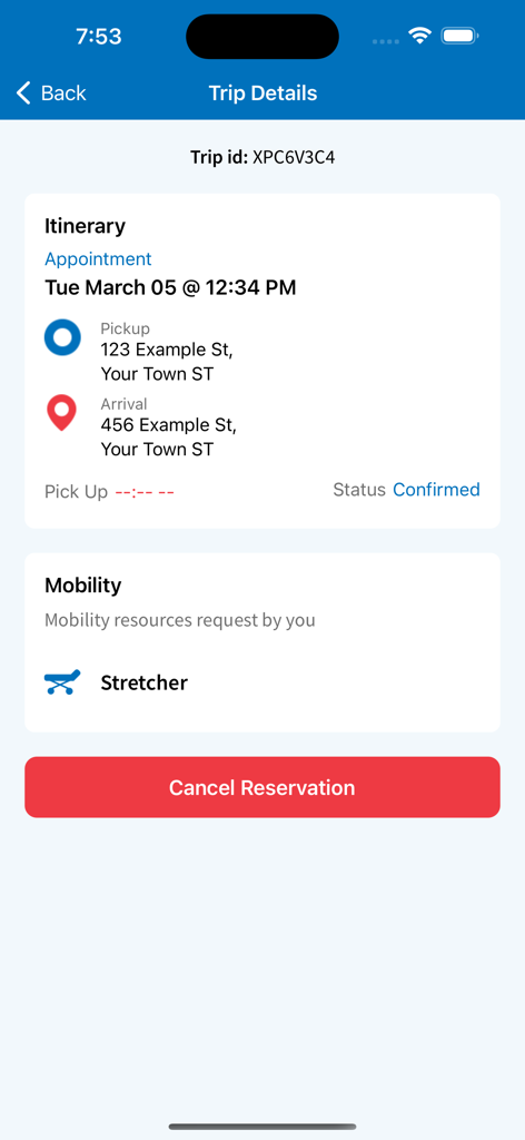 VetRide Passenger - VetRide Passenger app showing trip details including itinerary for a medical appointment, pickup and arrival addresses, and stretcher mobility request.