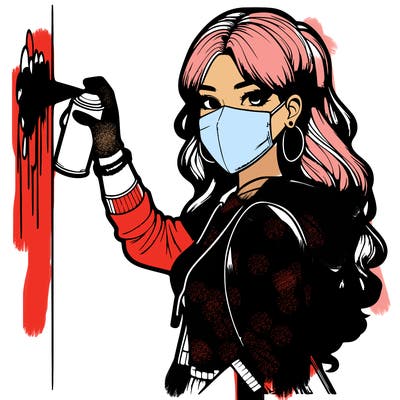 realistic girl with mask spray painting a wall