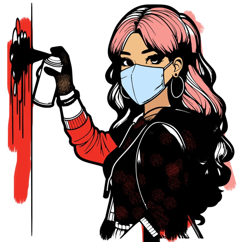 realistic girl with mask spray painting a wall