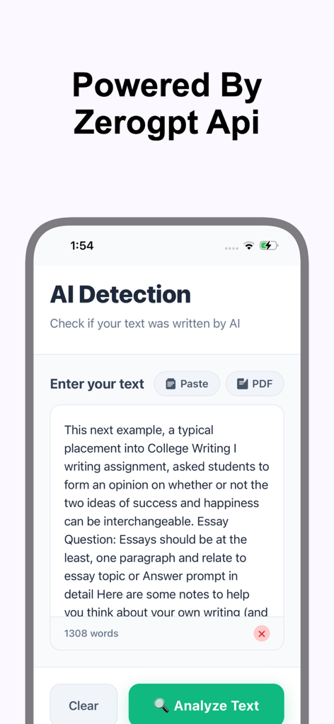 AI detection screen in the humanizo app showing a text input area for checking content authenticity.