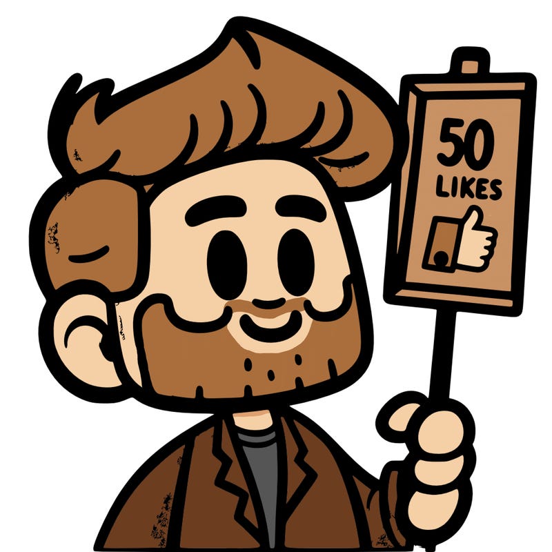 man holding a sign that says 50 likes