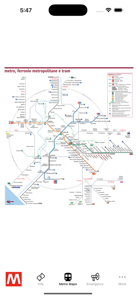 Mappa dettagliata della rete della metropolitana di Roma, delle ferrovie metropolitane e dei tram all'interno dell'interfaccia dell'app mobile