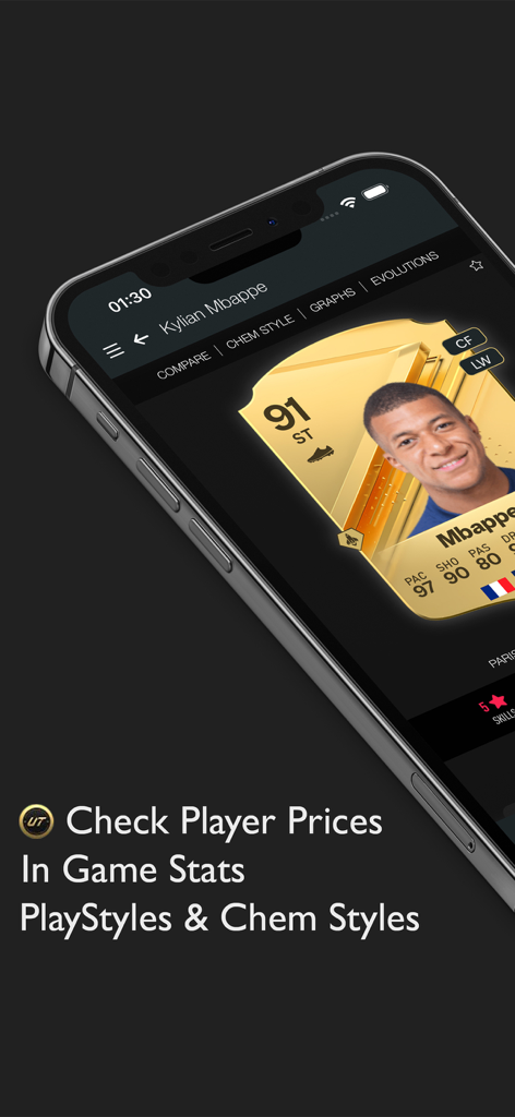 FC 26 FUTWIZ - Smartphone screen displaying Kylian Mbappe player card and statistics in the FC 26 FUTWIZ app