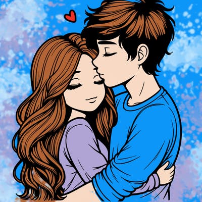 a realistic couple boy and girl hugging and kissing