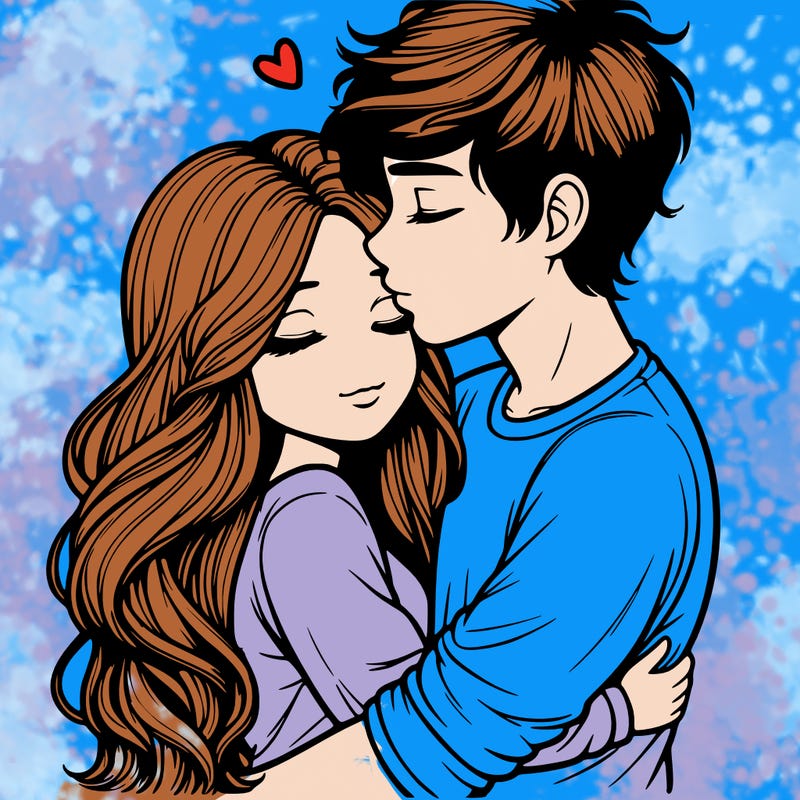 a realistic couple boy and girl hugging and kissing