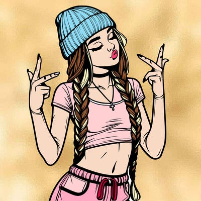 realistic teenage girl with braids and a beanie and crop top doing 🫶🏼
