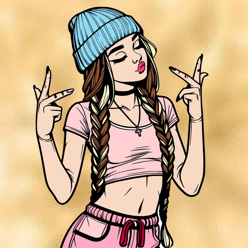 realistic teenage girl with braids and a beanie and crop top doing 🫶🏼