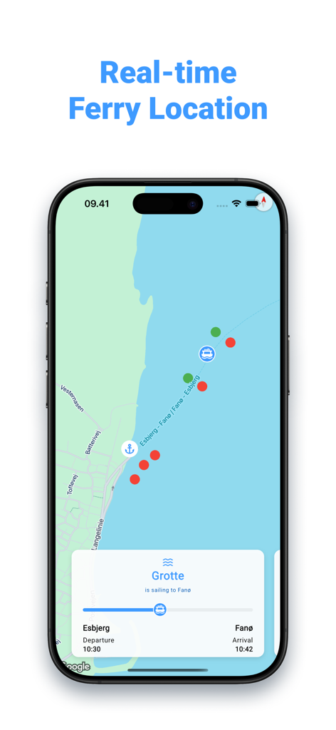 FerryLive: Fanø & Esbjerg - Echtzeit-Kartenverfolgung des Grotte-Fährstandorts zwischen Esbjerg und Fano
