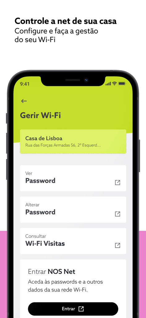 The my NOS app screen for managing home Wi-Fi settings and passwords