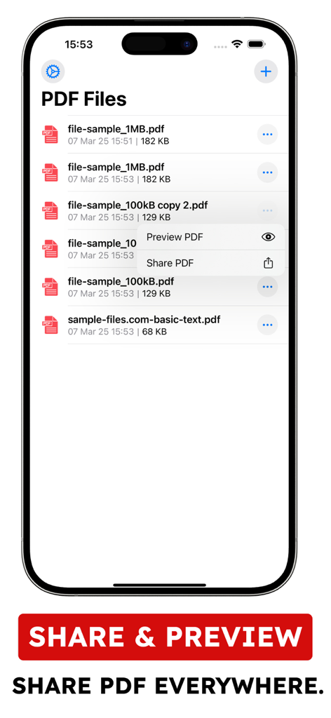 ドキュメントのプレビューと共有オプションを備えた変換されたPDFファイルのリストを示すモバイルインターフェイス