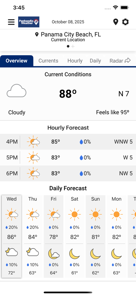 Panhandle Weather App - 팬핸들 날씨 앱 화면에 플로리다 파나마 시티 비치의 현재 온도와 예보가 표시되어 있습니다.