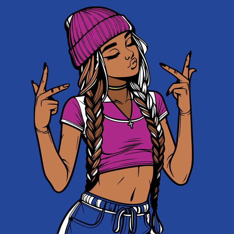 realistic teenage girl with braids and a beanie and crop top doing 🫶🏼