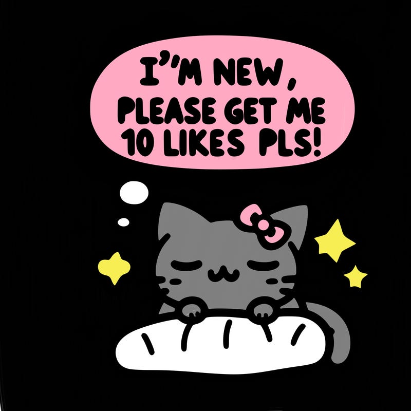 kitty taking a nap dream talking and saying "i'm new, please get me at least 10 likes pls!!"