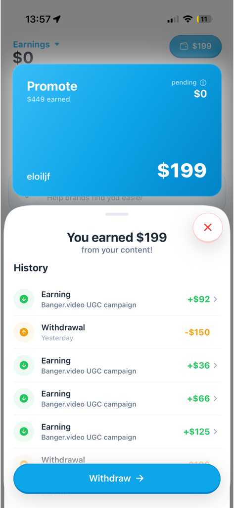 A mobile interface showing the Promote app creator wallet with earnings history and a withdraw button