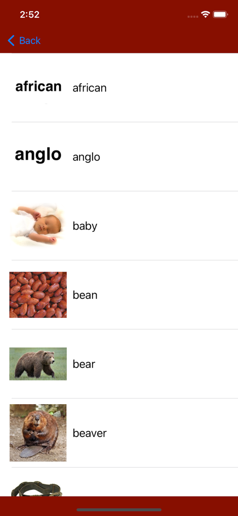 Una lista de palabras en inglés que incluyen bebé, frijol, oso y castor con imágenes coincidentes en la aplicación Speak Navajo.