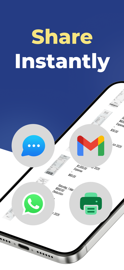 Receipt Tracker - Tax Return - A mobile smartphone displaying instant receipt sharing features through email, text, and print icons.
