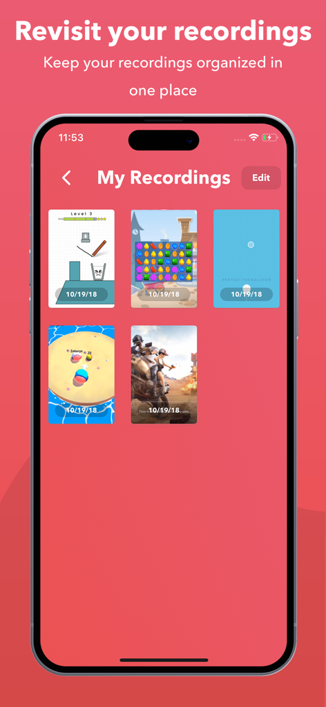 A collection of screen recordings organized in a grid within the Record it! app interface.