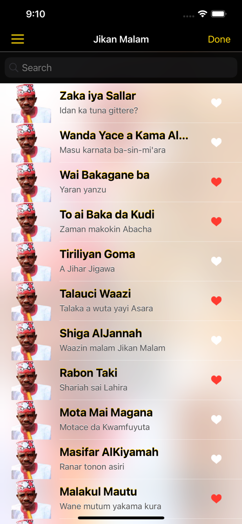 Jikan Malam Wa'azin Turmi - A list of Hausa religious sermons in the Jikan Malam Wa'azin Turmi app interface.