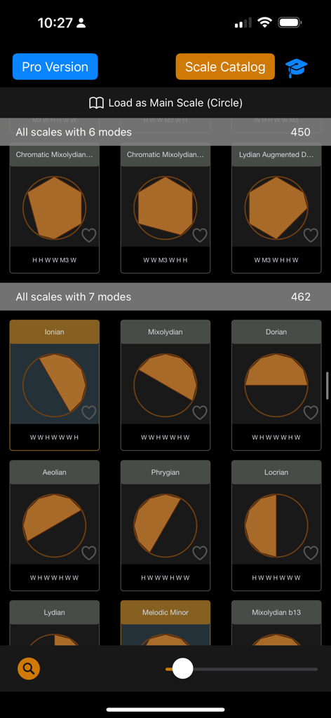 Tessitura Pro Scales - Un catálogo de escalas musicales con visualizaciones geométricas de mapas de notas en la aplicación Tessitura Pro Scales.