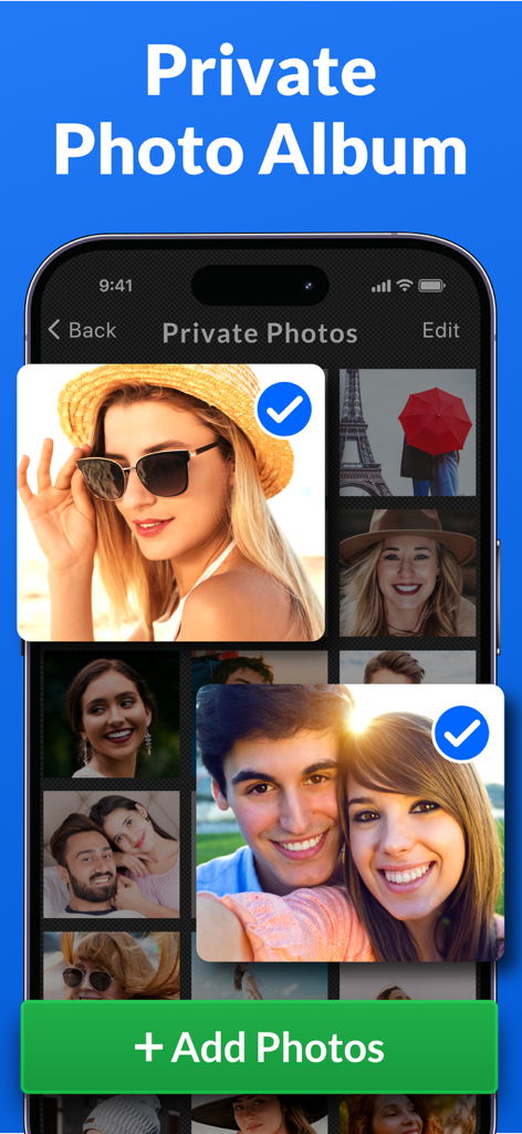 Best Secret Folder app interface showing a private photo album grid with selected images and an add photos button