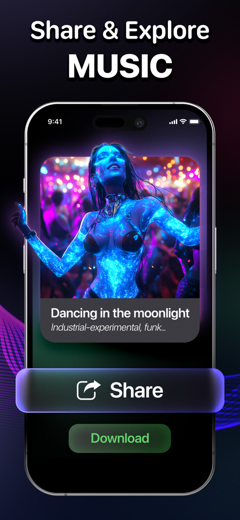 Beatz: AI Song・Cover Generator - Interface of the Beatz app showing a generated AI song with options to share and download