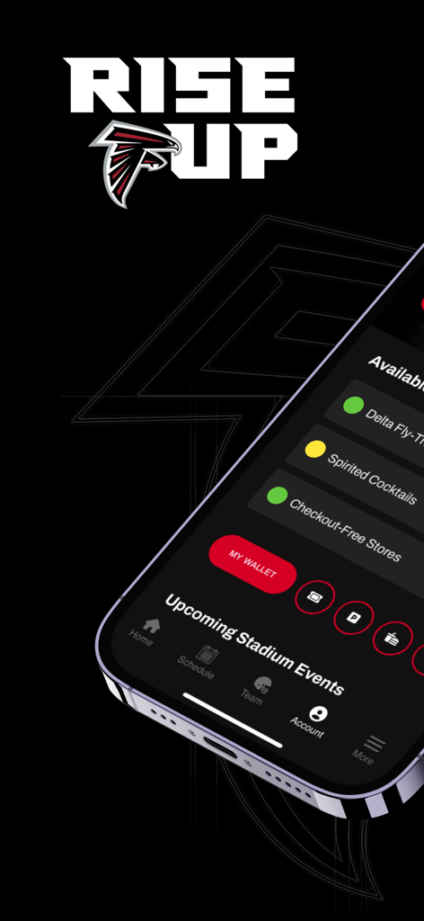 Atlanta Falcons - Atlanta Falcons mobile app interface showing stadium utility features like my wallet and checkout free stores
