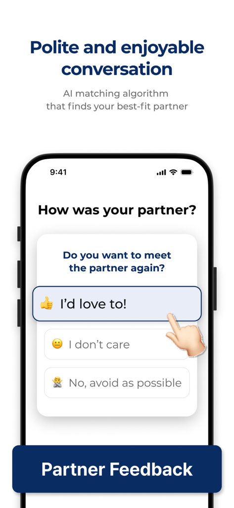 Tela de feedback de parceiro no aplicativo de conversação em inglês Episoden para correspondência de IA